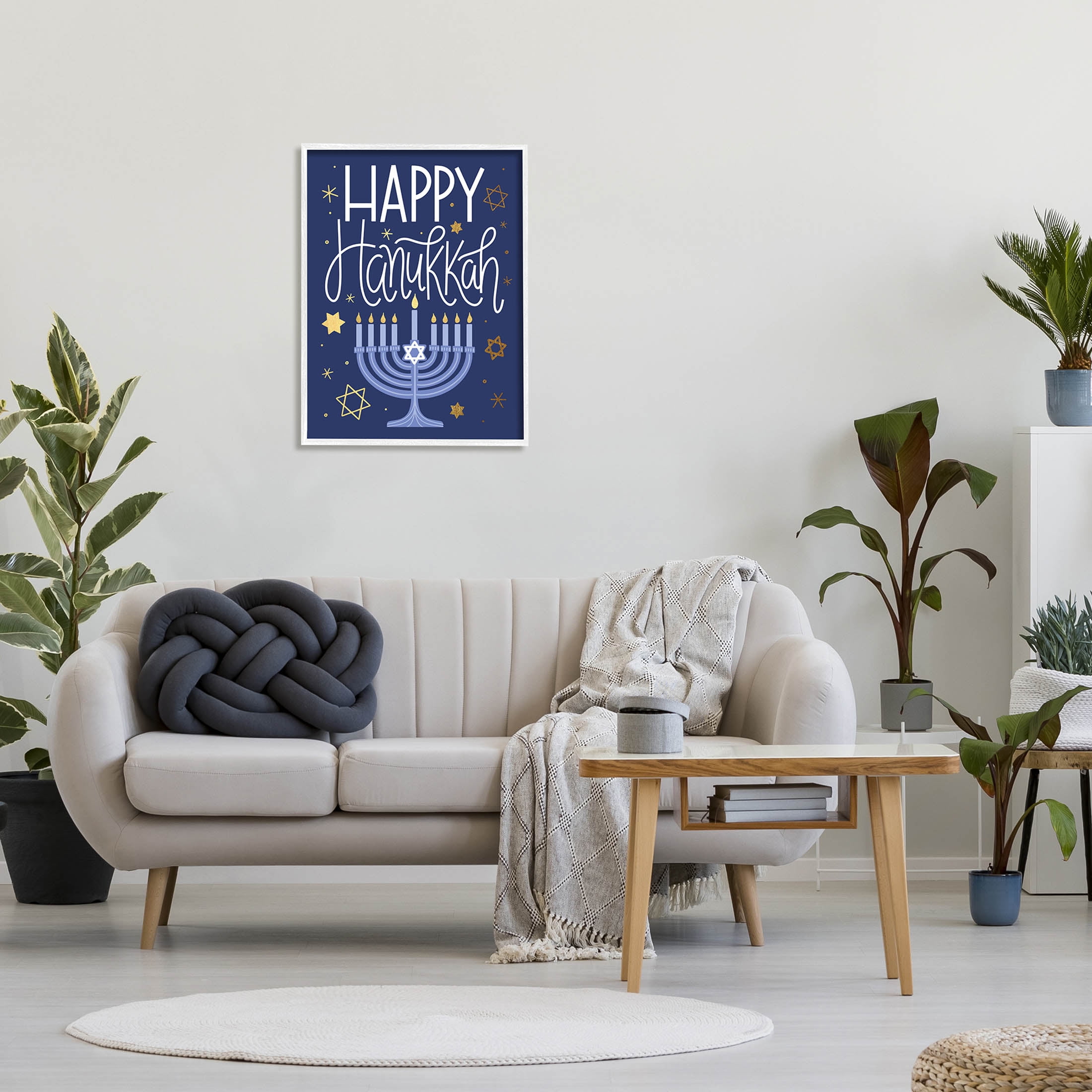 Happy Hanukkah Blue Menorah Pattern Holiday Graphic Art White Framed Art Print Wall Art