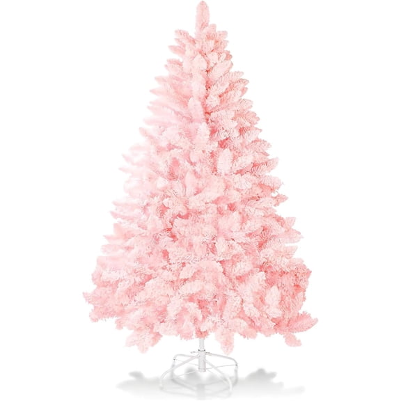SOLAURA 6FT Pink Snow Flocked Artificial Christmas Tree, Unlit Xmas Tree with 800 Branch Tips and Metal Stand for Holiday Decoration
