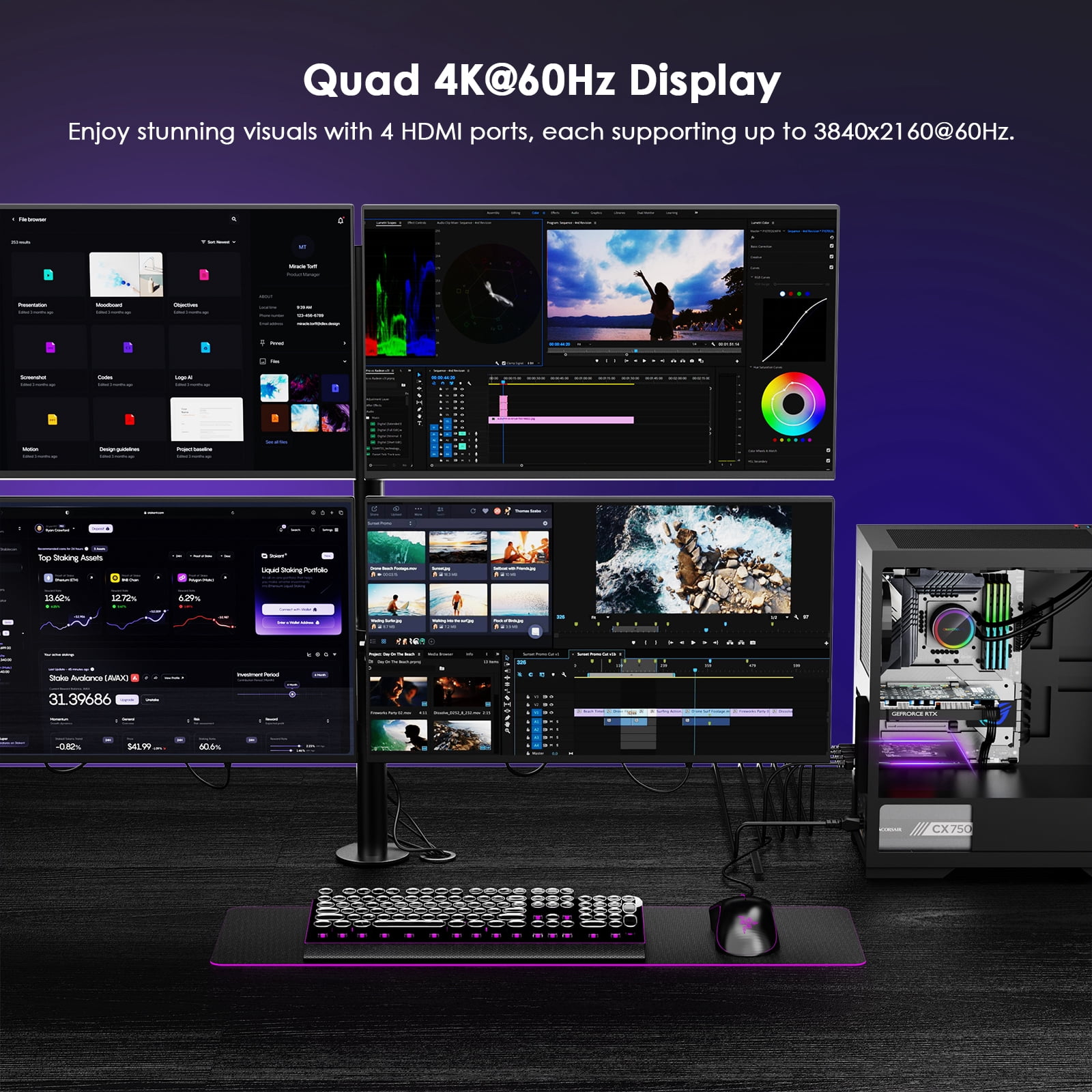 WAVLINK PCIe 3.0 to Quad 4K@60Hz HDMI Graphics Card - Global Debut with DisplayLink DL7400, 4 HDMI Ports, PC Video Card with Standard Profile, Supports Multiple Monitors for Windows 11/10 & Ubuntu