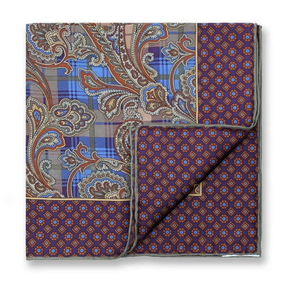 Men's Suit Pocket Square, 100% Silk Paisley Handkerchief, 17" x 17" 43cm Hand Rolled