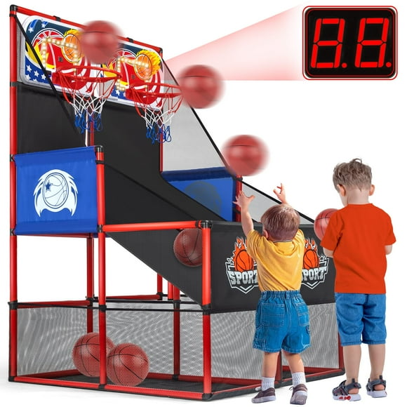 2 in 1 Dual Basketball Arcade Game Indoor/Outdoor With LED Scoring and Sound, Sport Play Toy Includes 6 Balls & Instruction & Pump For Tee