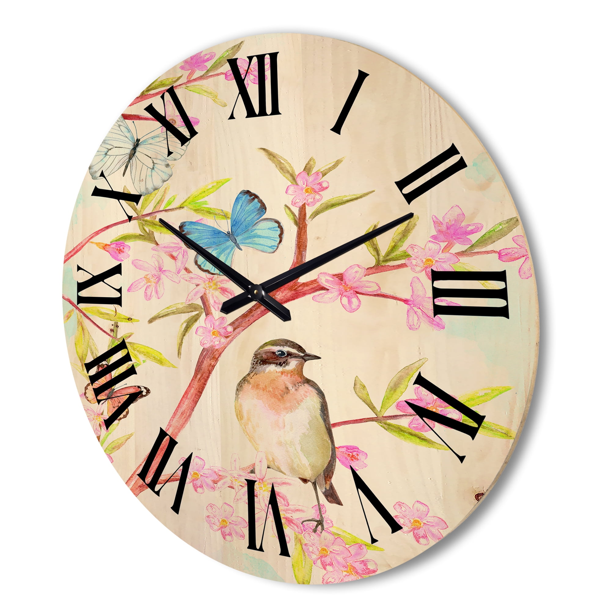 Designart 'Clever Bird Sitting On Branch of A Spring Tree With Butterflies' Traditional Wood Wall Clock