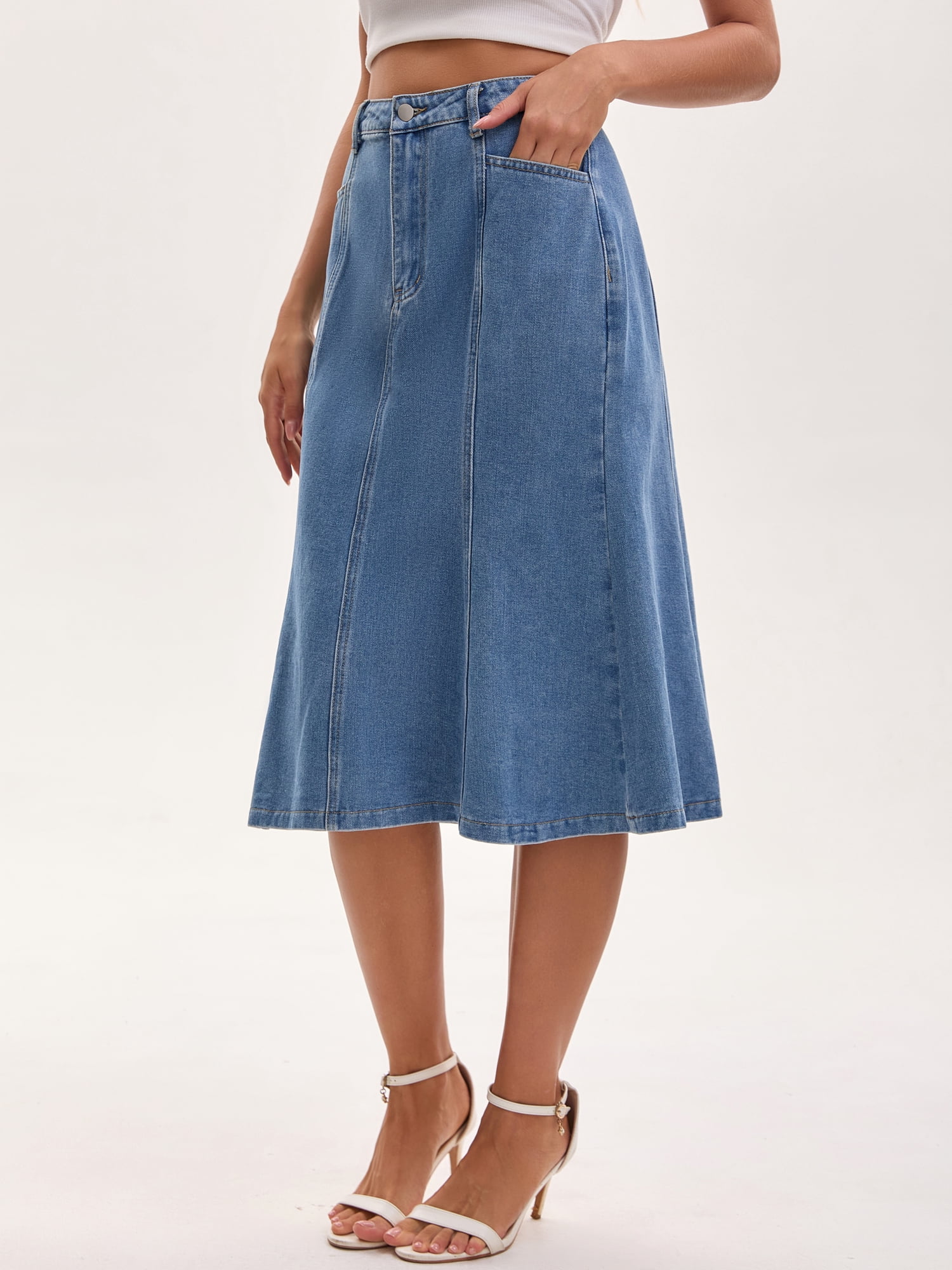 DARING DIVA Women's Denim Ruffle Below Knee Fishtail Jean Skirts Small Light Blue
