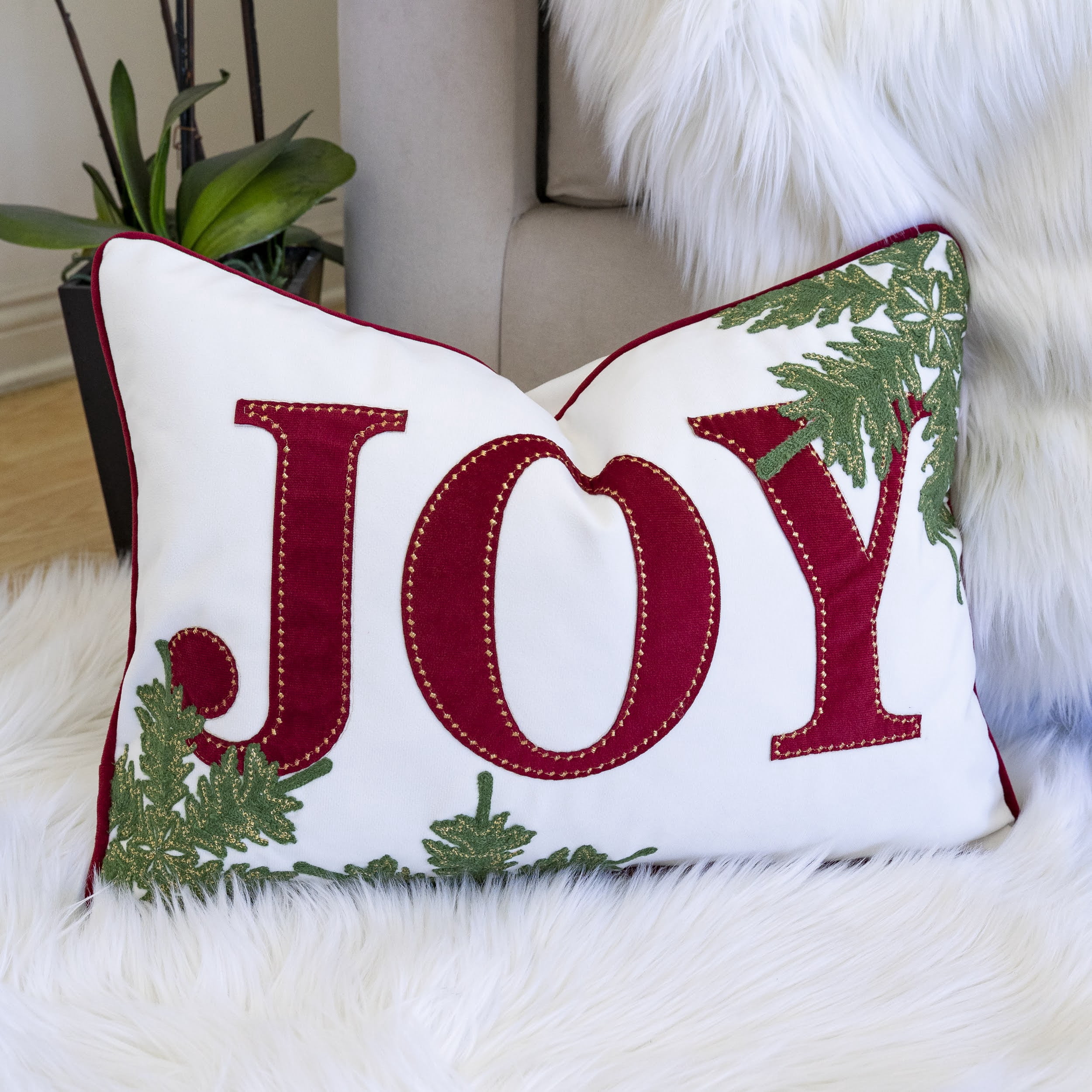 Joy Embroidered Velvet Throw Pillow with Gold Stitching Green Foliage 14x20 Inch Holiday Decor