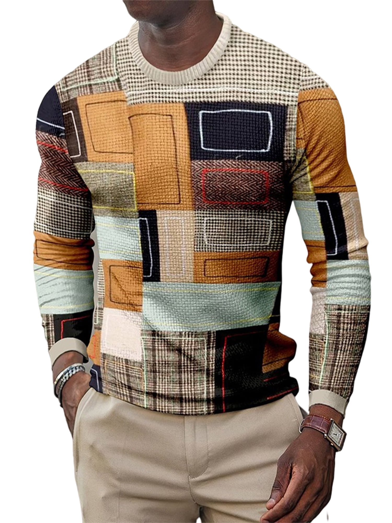 Coolred-Men Slim Oversized Lapel Long Sleeve Button Plaid Splicing Tees Coolred-Men Slim Oversized Lapel Long Sleeve Button Plaid Splicing Tees