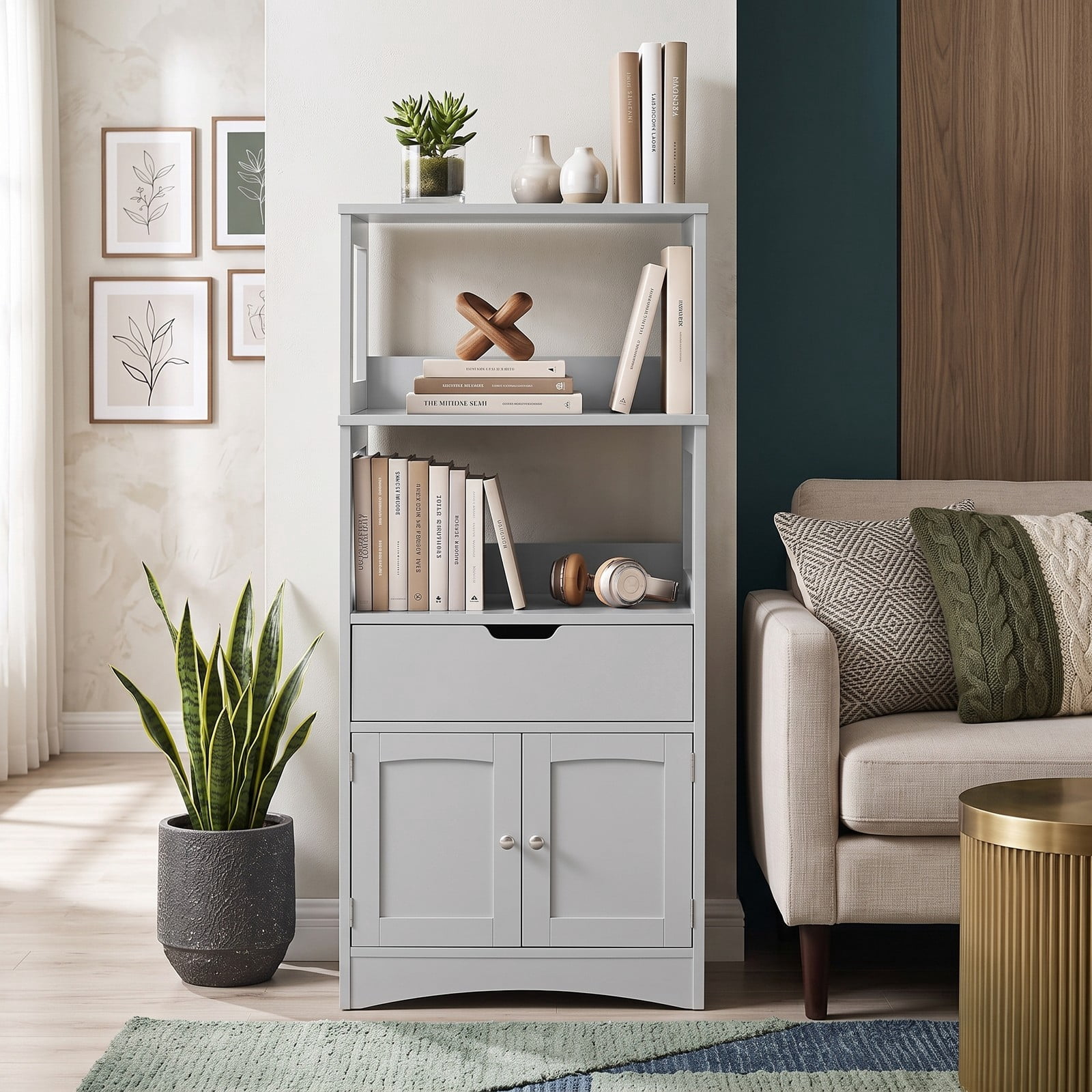ALPULON Bathroom Storage Cabinet with Drawer and Shelf, Freestanding Floor Organizer, Waterproof MDF Cabinet for Bathroom Bedroom Entryway Living Room, Anti-Tip, Gray