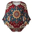 thumbnail image 5 of Colorful Floral Pattern Rug Women's V-Neck Blouse With 3/4 Ruffled Bell Sleeves Casual Top Ladies Blouses, 5 of 7