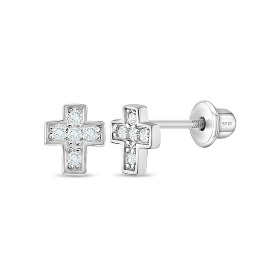 925 Sterling Silver CZ Little Cross Screw Back Earrings Toddlers Young Girls
