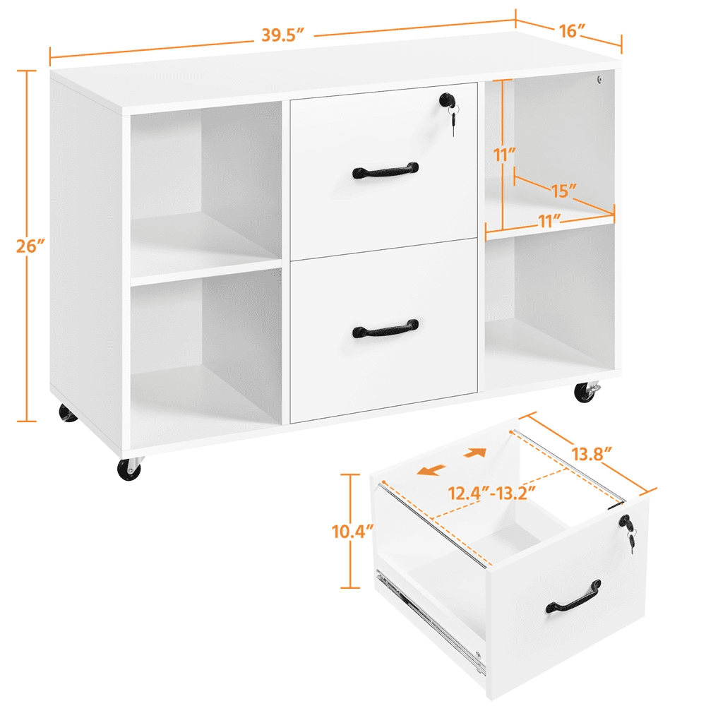 Alden Design Mobile Vintage File Cabinet with 2-Drawer for Home and Office, White