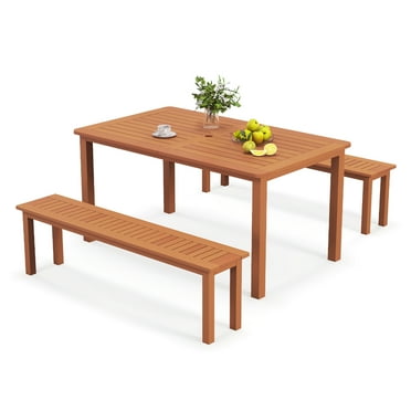 Gymax Set of 3 Patio Dining Set Solid Wood Dining Table w/2 Benches 2'' Umbrella Hole