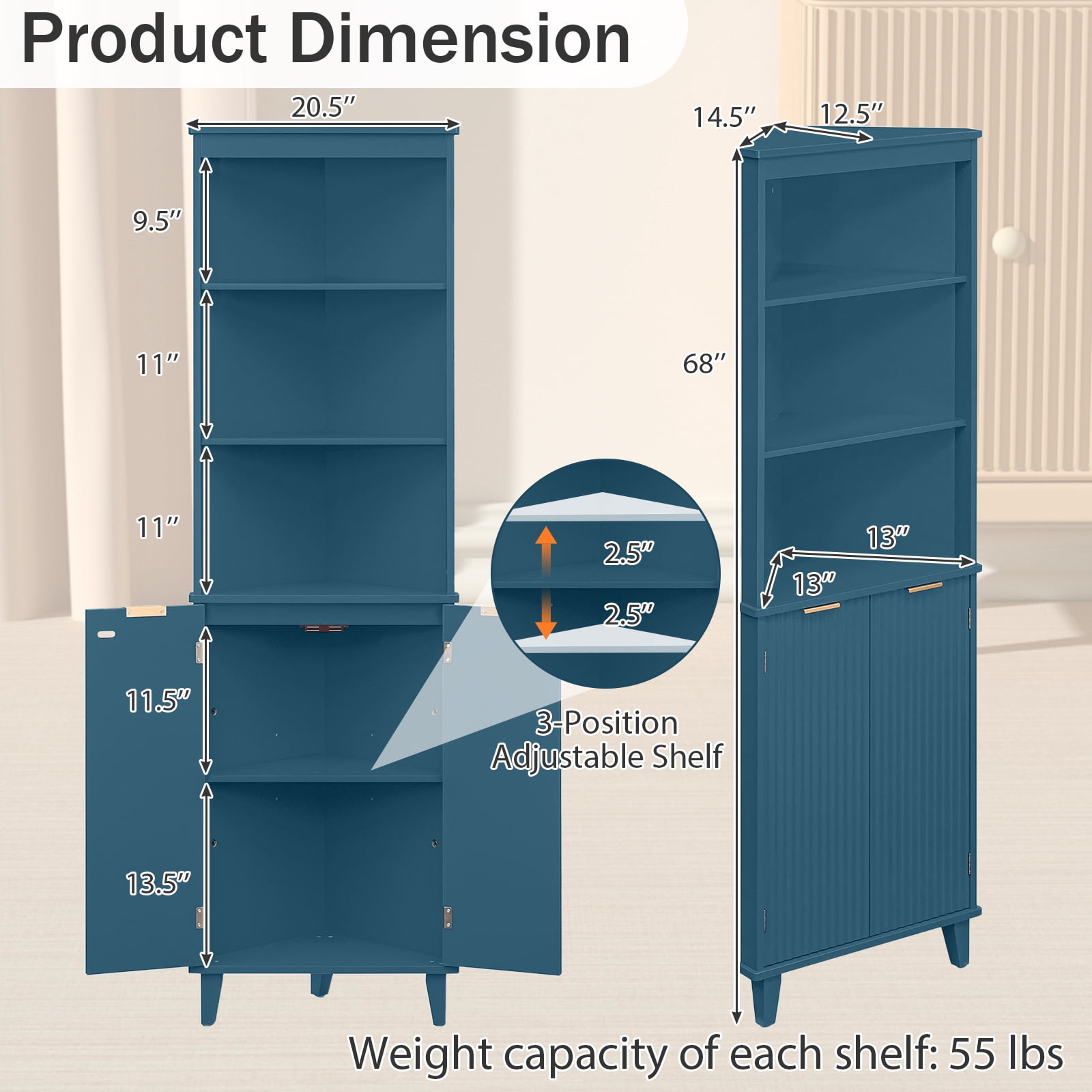 Costway 68" Tall Corner Bathroom Cabinet with Fluted Doors, Modern Bathroom Floor Storage Cabinet Blue