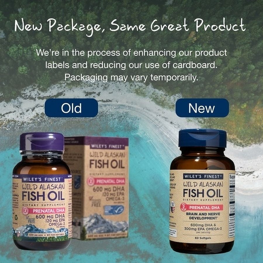 Wiley's Finest Wild Alaskan Fish Oil Prenatal DHA - 720mg EPA and DHA Omega-3s for Pregnant Women and Nursing Mothers - 60 Softgels (30 Prenatal Vitamin Servings)