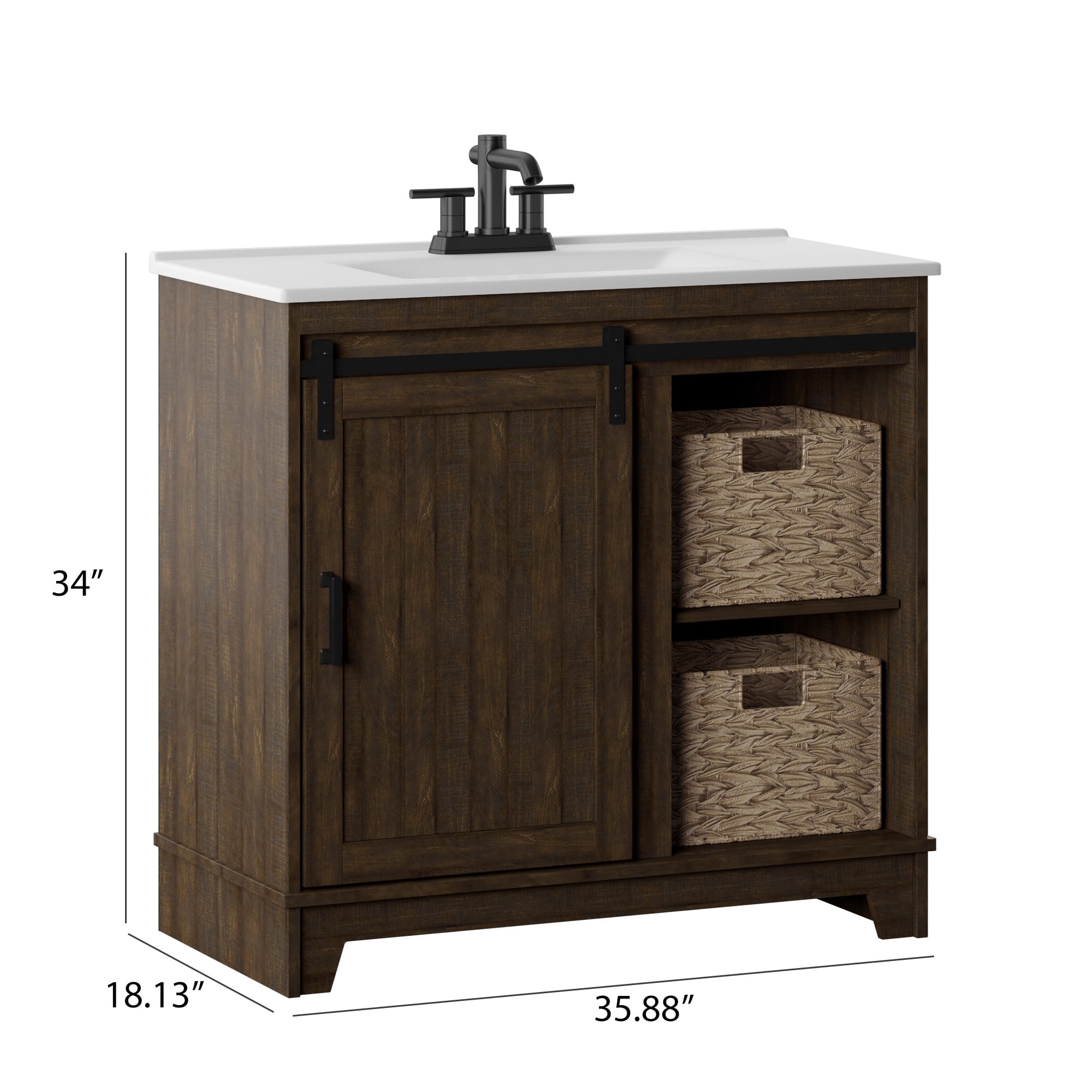 Twin Star Home 36" Sliding Barn Door Single Bathroom Vanity with Woven Baskets