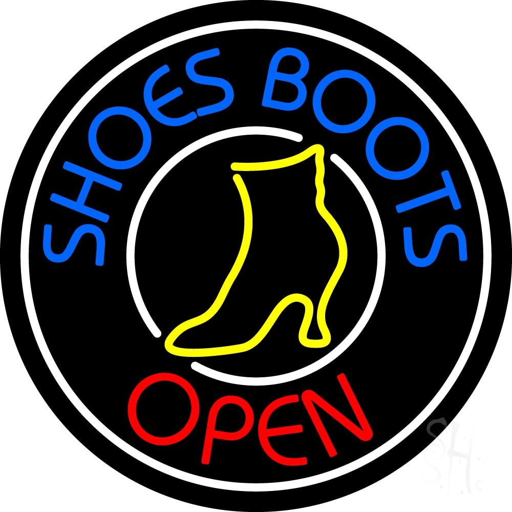 Blue Shoes Boots Open LED Neon Sign 26 x 26 inches, Black Square Cut Acrylic Backing, with