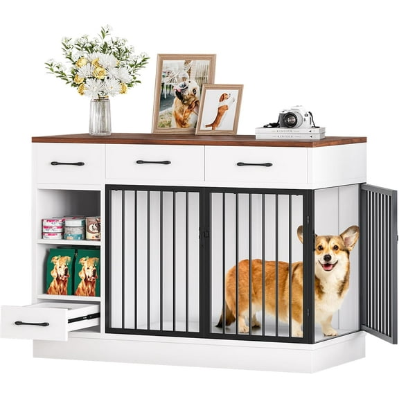 47.2" Large Dog Crate Furniture with 3 Storage Drawers & Hidden Bowl - Wooden Indoor Dog Kennel with Adjustable Shelf, 2 Doors for Small/Medium Dogs, Multi-Functional Pet Cage Furniture