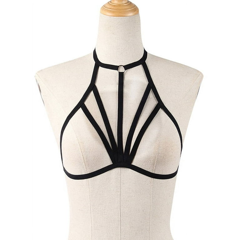 Strappy Halter Bra With Patches / Gothic Adjustable Harness Bra