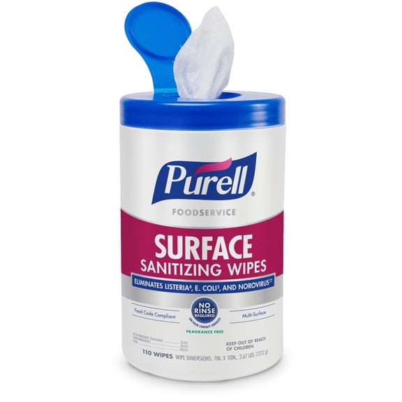 Purell Surface Sanitizing Wipes. Eliminates Listeria, E. Coli, and Norovirus. 110 Wipes p/Pack.