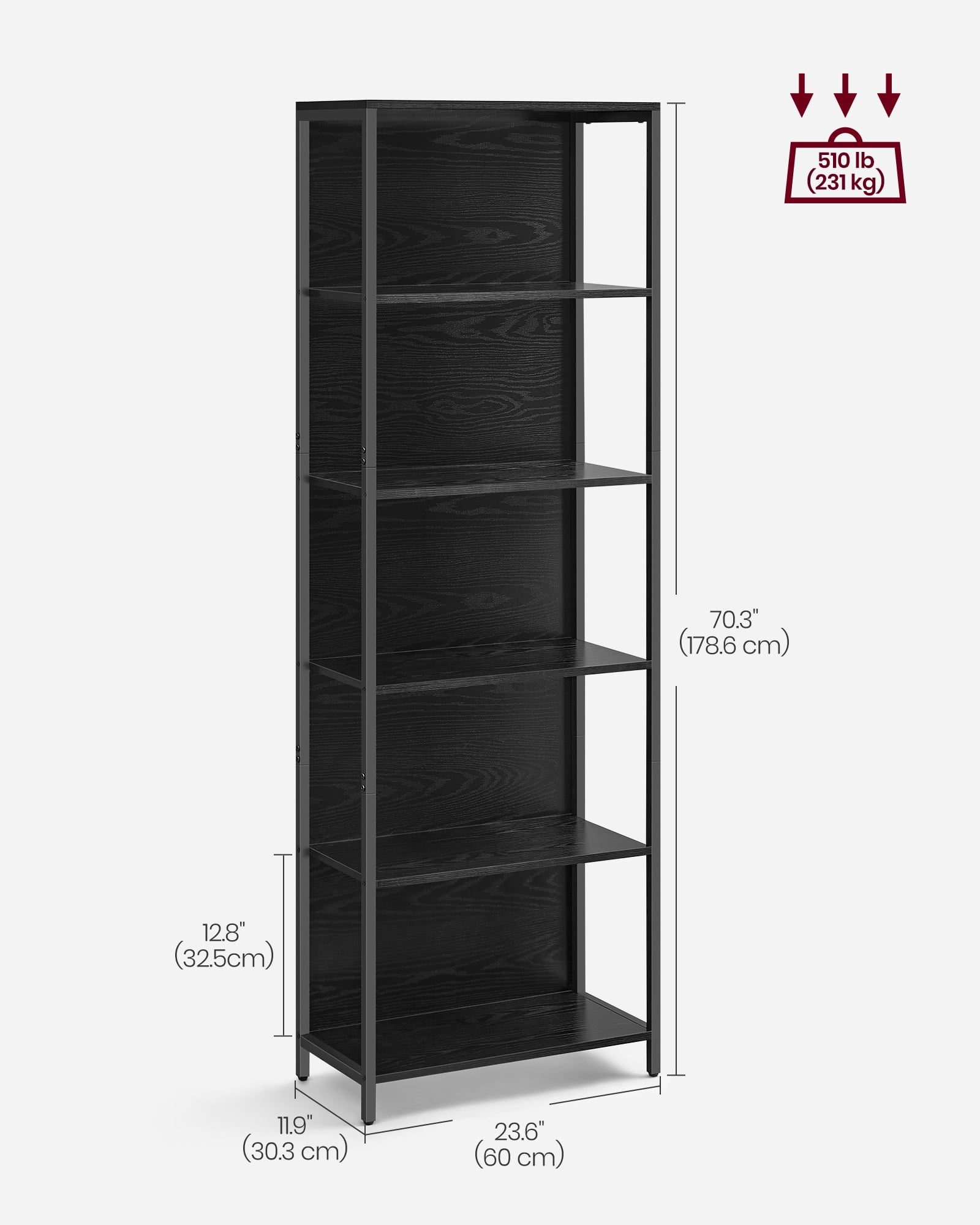 6-Tier LED Bookshelf, Display Shelf with Dimmable Lights, LED Bookcase with Steel Frame, 11.9 x 23.6 x 70.3 Inches, Black with Wood Grain