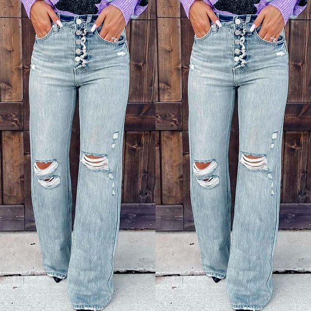 Women's High Waist Stretch Straight Wide Leg Blue Jeans Distressed Comfort  Classic Denim Pants Trousers with Pockets 