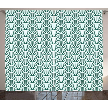 Teal Curtains 2 Panels Set Traditional Japanese Chinese Seigaiha Pattern Abstract Scales Asian Inspirations Window Drapes For Living Room Bedroom