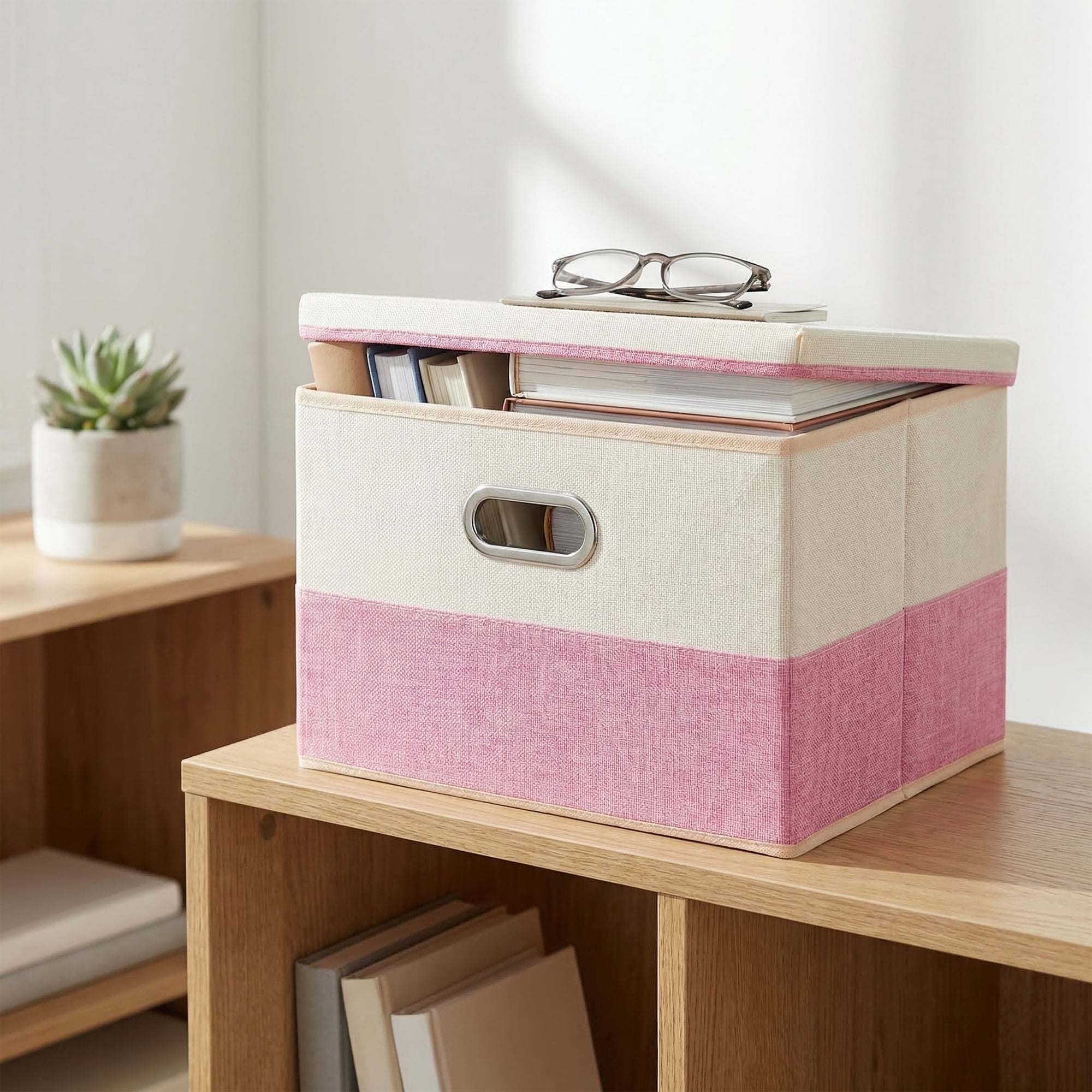 Unique Bargains Fabric Storage Bin with Lids Pink 16.9*11.8*10.6in
