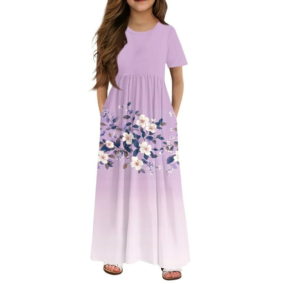 XADYUY Girls Dresses Size 10-12 Casual Floral Print Short Sleeve Maxi Dress Cute Crew Neck Sundresses Holiday Swing Dresses with Pocketss 7-8 Years,Light Purple