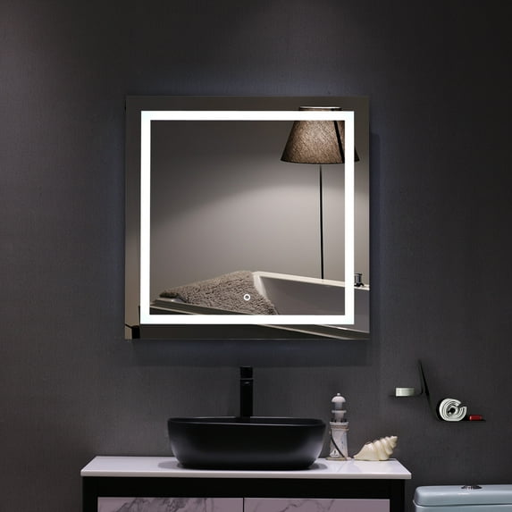Topcobe 32"x 32" LED Lighted Wall Mount Mirror, Touch LED Wall Mount Makeup Mirror, Bathroom Vanity Make Up Whole Backlit Mirror with Built-in Light Strip, Silver