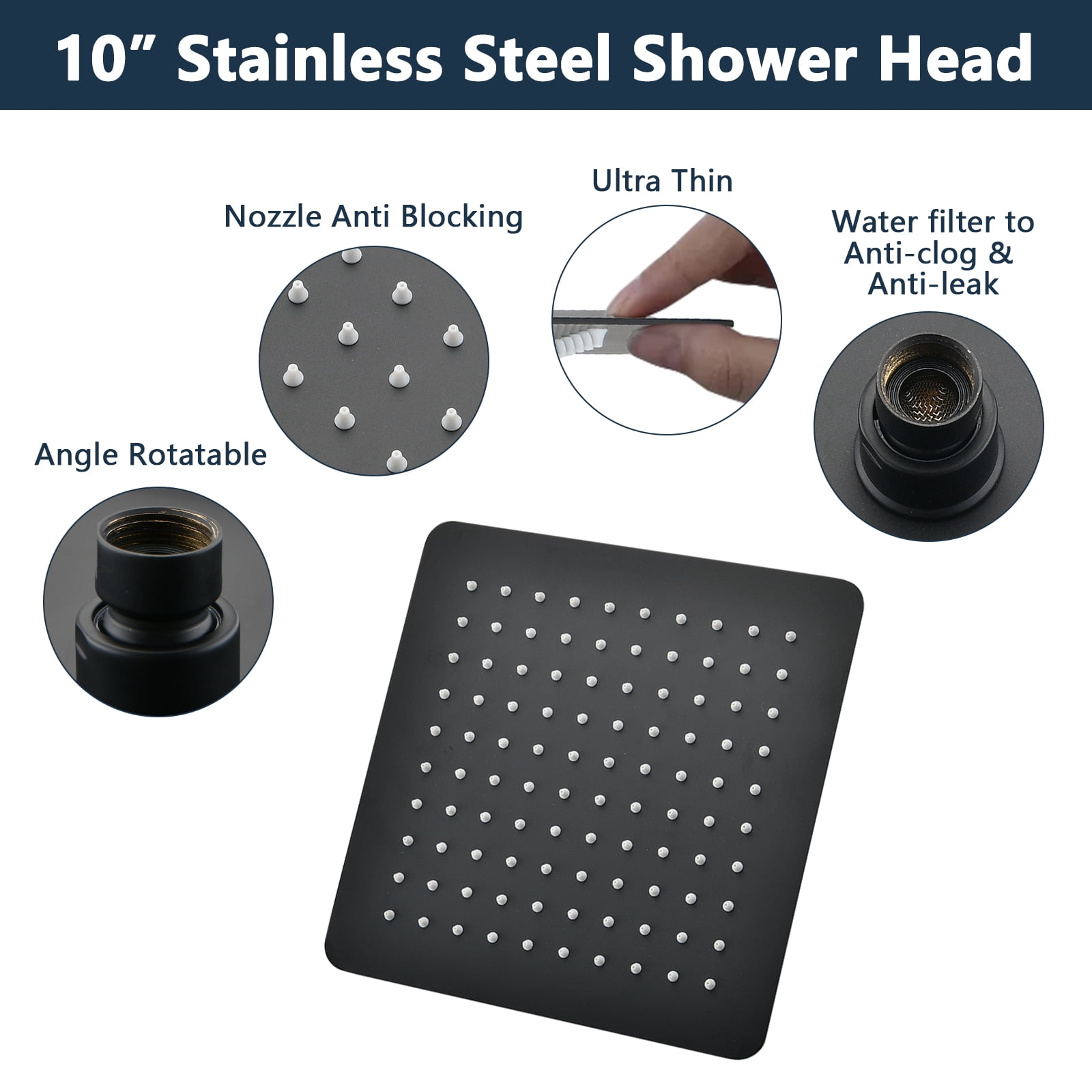10" Square Rainfall & High Pressure Stainless Steel Bath Shower head Matte Black