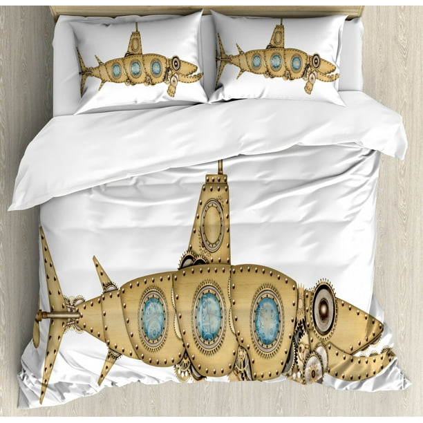 Steampunk King Size Duvet Cover Set Barracuda Fish Shape Inspired Submarine Image With Weathered Effect Decorative 3 Piece Bedding Set With 2 Pillow Shams Beige Pale Blue White By Ambesonne Walmart Com