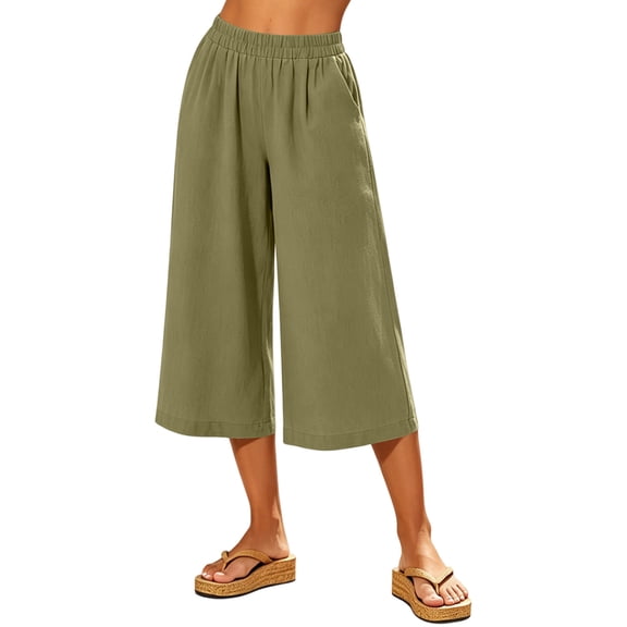 Ahabrexf Women's Natural Fiber Linen Cropped Pants, Elastic Waist Wide Leg Pocketed Casual Cropped Trousers for Summer Daily Wear