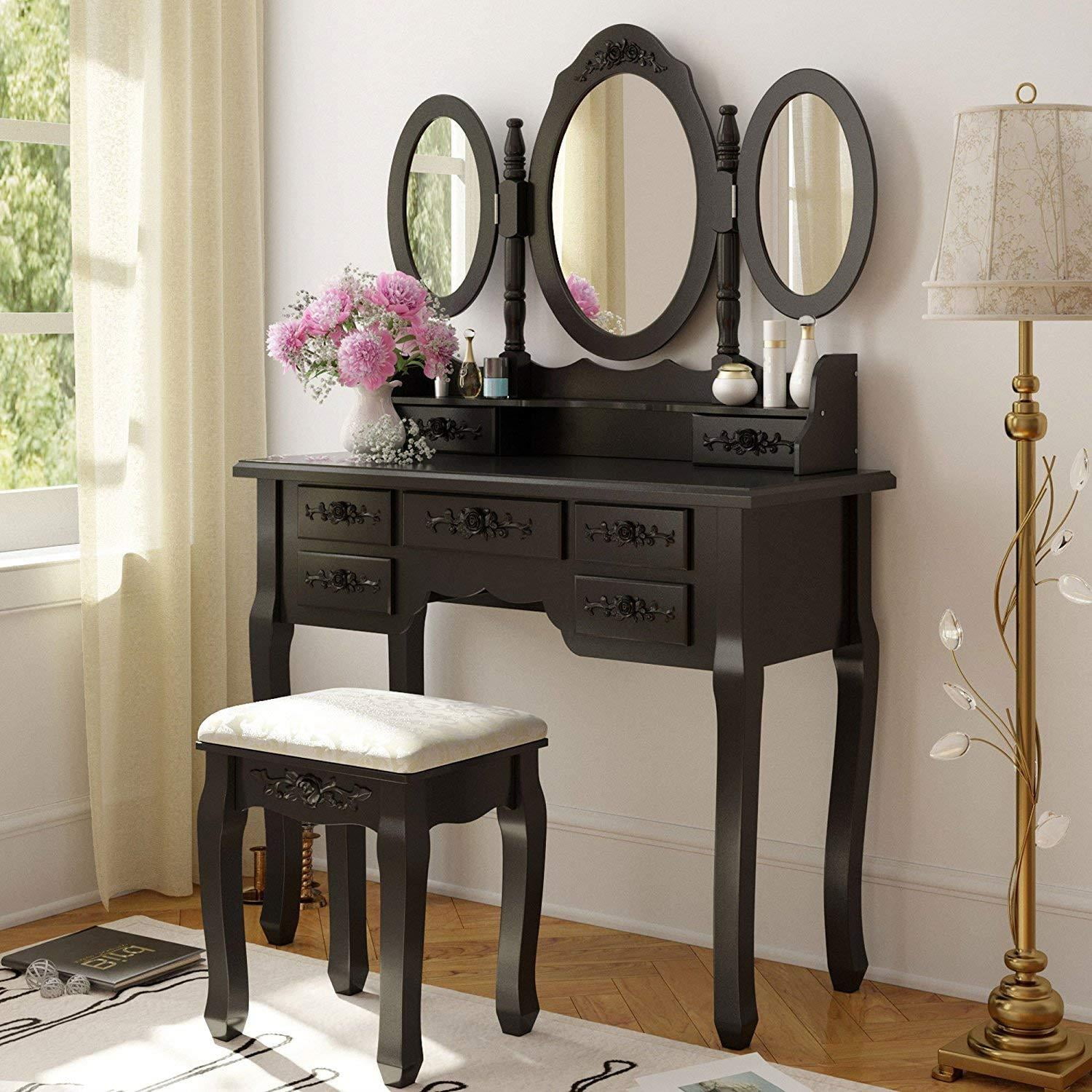 Ktaxon Vanity Table Make Up Set W Stool 7 Drawer 3 Mirrors Fold Black