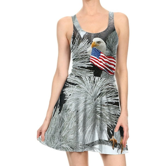 Independence Day Women Short Dress Eagle/Star/Stripe Printing U-neck Sleeveless Slim Vest Skirt