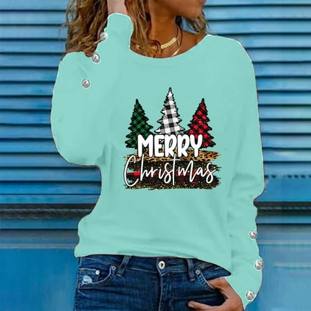 

jsaierl Crewneck Sweatshirts for Women Long Sleeve Shirts Christmas Tree Graphic Tops Hippie Graphic Blouse Tee Pullover Christmas Gifts for Teen Girls