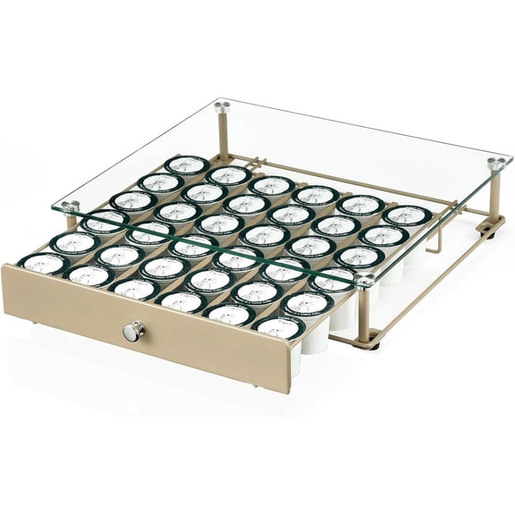 Coffee Pod Holder With Tempered Glass Top Drawer - Compatible With K Cup Pods, Holds 36 - Storage Organizer for Shop, Office, Kitchen Counter 14 13 3 in