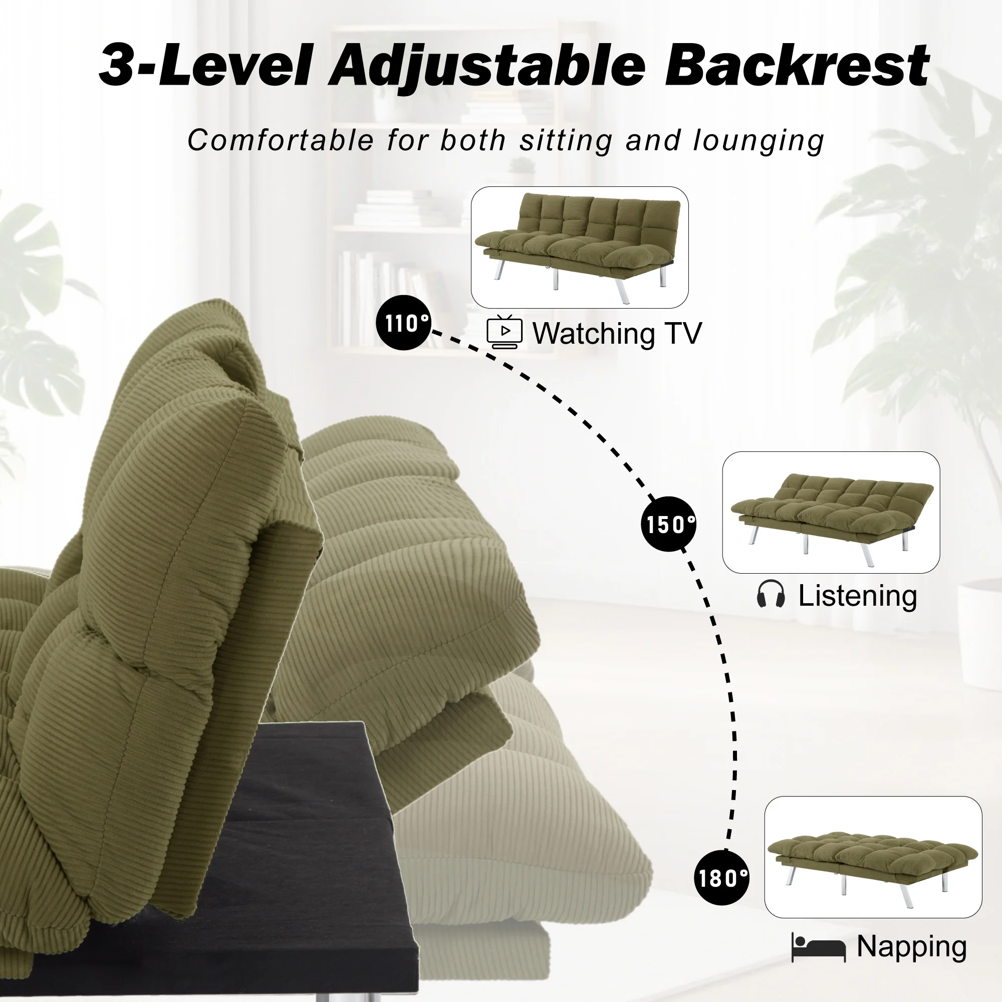 Gewnee 67.3 Inch Futon Sofa Bed, Corduroy Fabric Sleeper Sofa, Modern Loveseat for Apartments and Offices, Adjustable Backrest and Armrests.Green