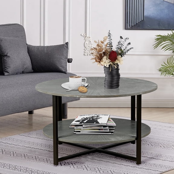 VERDALAY Round Coffee Table 31.30" Circle Coffee Table for Living Room, 2-Tier Wood Accent Center Table with Open Storage Industrial Design Home Furniture, Gray