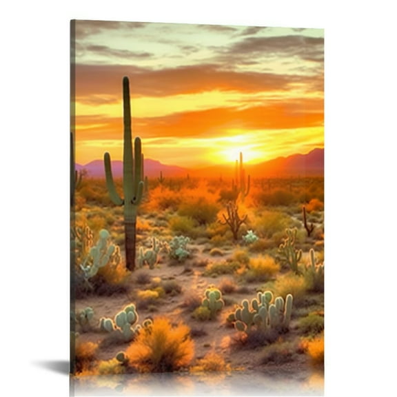 COMIO  Arizona Canvas Wall Art Golden Sunset in Sonoran Desert Landscape Painting Saguaro Cactus Pictures Print Southwest Decor