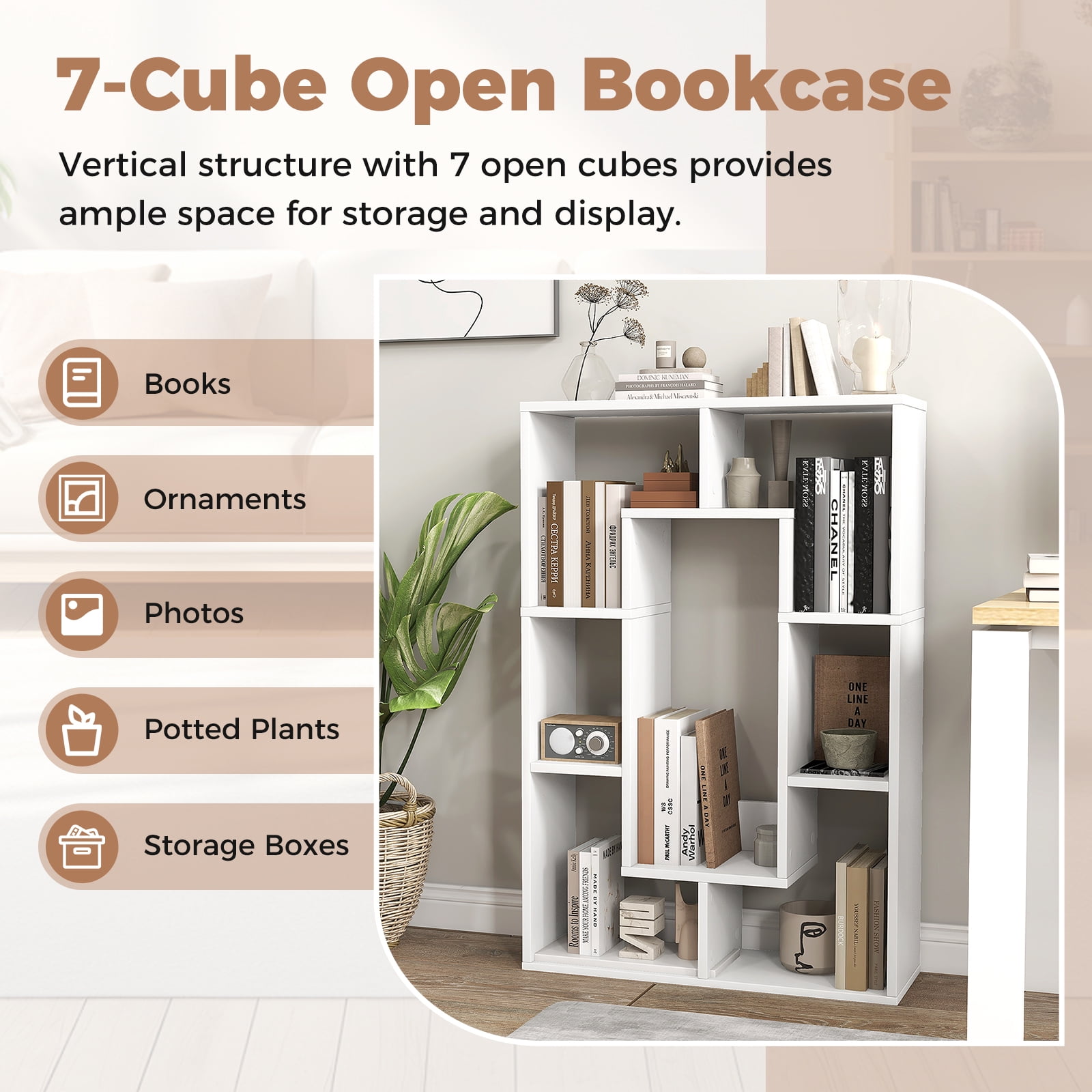 Giantex Wood Geometric Bookshelf, Freestanding Open Bookcase w/7 Cubes, Storage Display Rack for Home Office, White