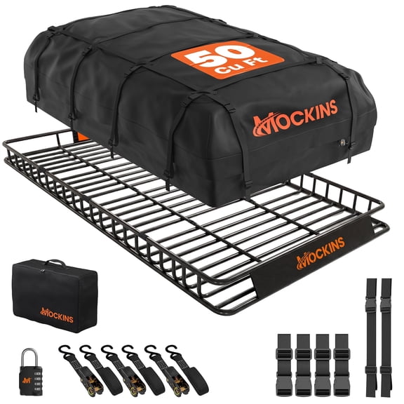 Mockins 90"x50"x5" XXL Roof Rack Cargo Carrier Set with 50 Cu. Ft. Roof Top Cargo Carrier Bag, Straps, Lock and Carry Case