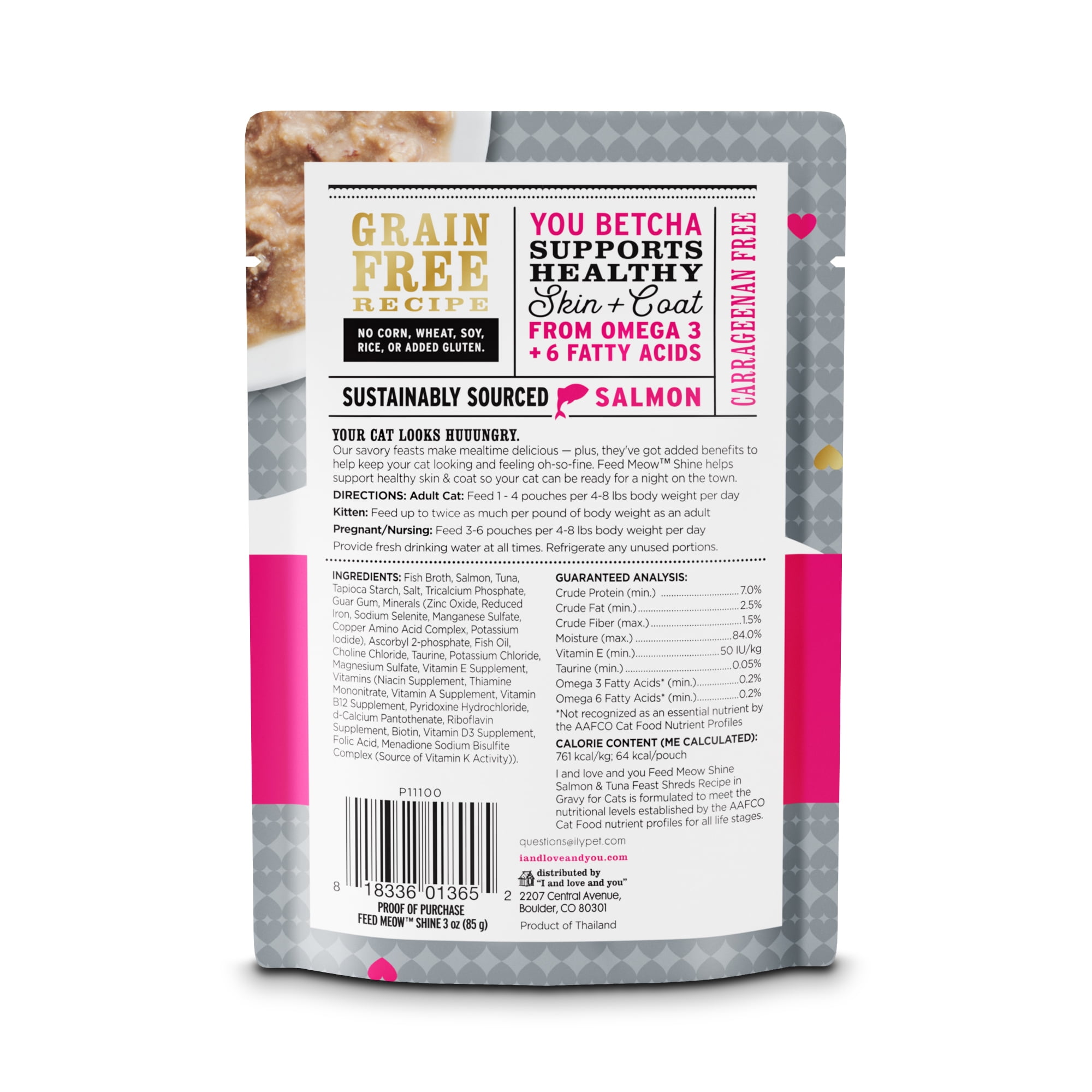 (2 pack) "I and love and you" Feed Meow Wet Cat Food Toppers, Shine Formula with Salmon and Tuna, Omegas 3 and 6 for Healthy Skin and Coat, Grain Free, No Fillers, 3oz Pouches, Pack of 12 Pouches