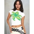 thumbnail image 2 of Women Short Sleeve Baby Tee Y2k Flower Graphic Printed Crop Top Slim Fit Crew Neck Tees White S, 2 of 7