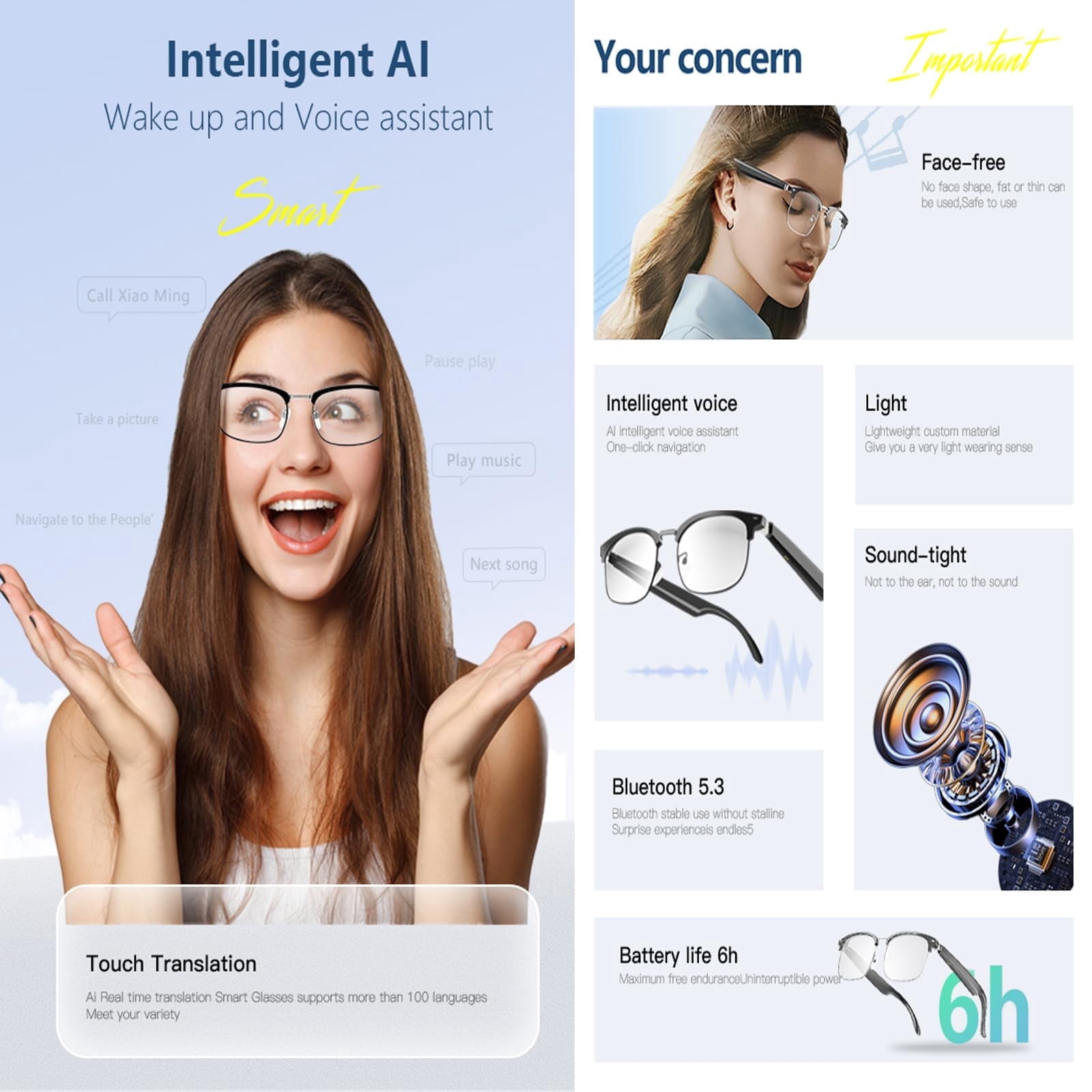 Smart Glasses with AI,Metal Smart Glasses with 144+ Languages Real-Time Translation, Touch Control, Voice Assistant, Anti-Blue Light, Smart Music Glasses for Business, Travel & Students (Black)