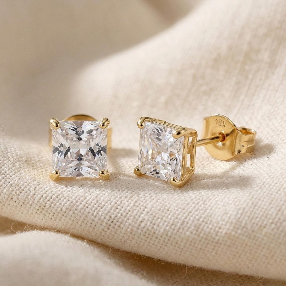 Tilo Jewelry 10K Yellow Gold Solitaire Princess-Cut CZ Stud Post Earrings with Secure Push-backs | 3mm | Classic Everyday Earrings | Women, Men, Unisex