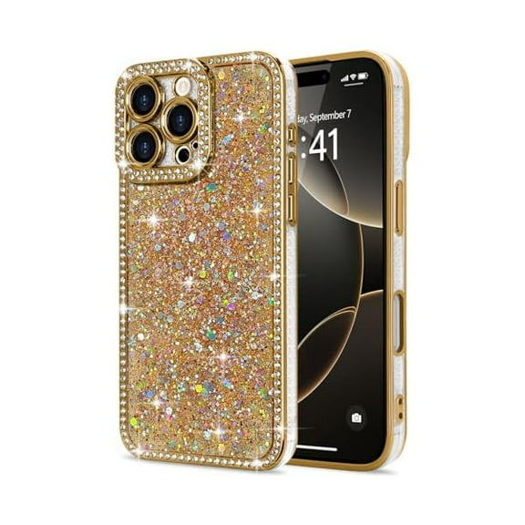 for iPhone 16 Pro Case Glitter, Luxury Shiny Bling Sparkly Bumper Cover with Crystal Diamonds for Women Girls Soft TPU Slim Shockproof Protective Phone Case for iPhone 16 Pro 6.3", Gold