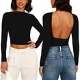 thumbnail image 5 of cocolona Womens Summer Backless Tops Crew Neck Long Sleeve Crop Slim Fit Shirts Going Out Casual Solid Color Blouses, 5 of 5