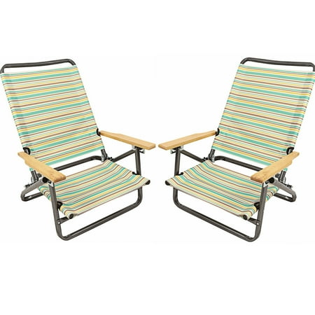 Two Person Beach Chair Deluxe 3-position Lightweight Beach Chair Camping Hiking Chair With Wooden Armrest Set of 2 Coffee Stripe ()