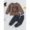 thumbnail image 3 of Elippeo Toddler Boys Fall Outfits 6 12 18 24 Months 3 Years Checkerboard Ghost Print Crew Neck Long Sleeve Sweatshirts and Long Pants 2Pcs Halloween Clothes Set, 3 of 10