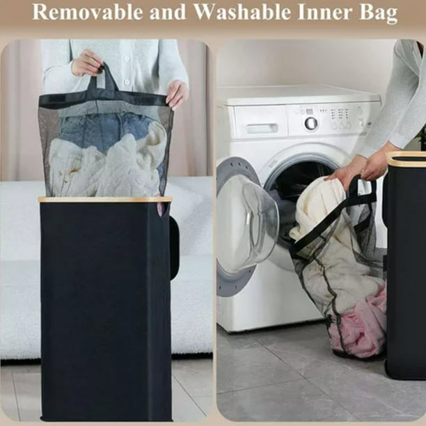 HOMCOM Panier à linge en bambou corbeille à linge sale avec 2 sacs en