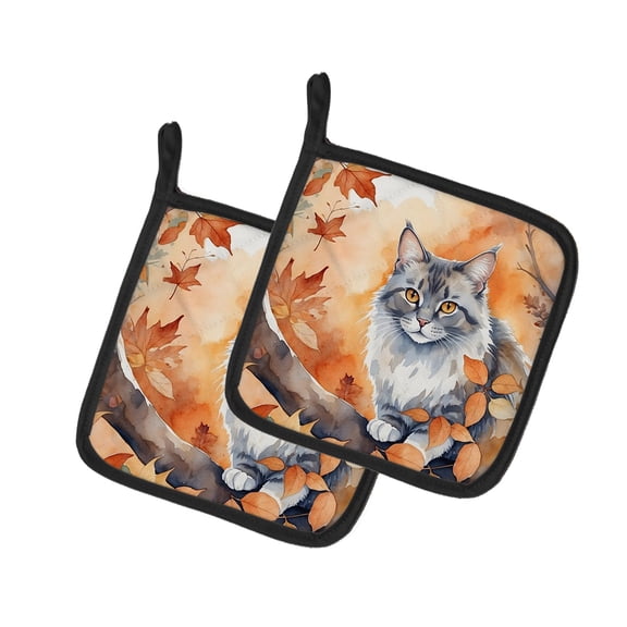 Carolines Treasures DAC7112PTHD 7.5 x 7.5 in. Australian Mist Cat in Fall Leaves Pot Holders - Set of 2