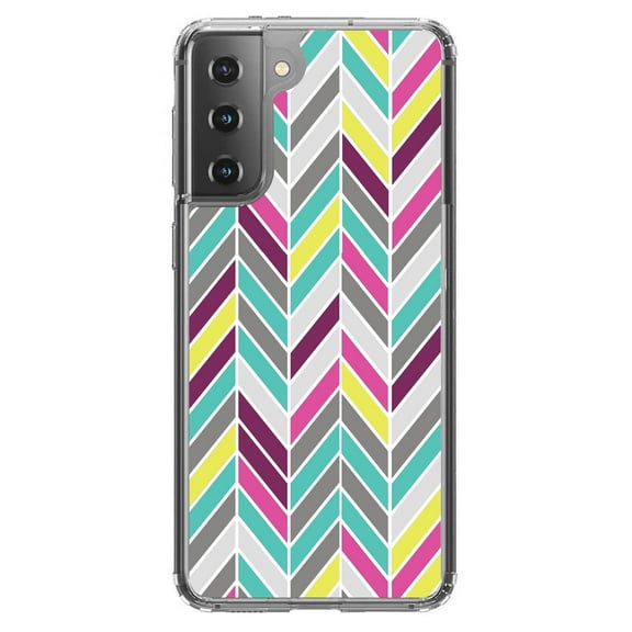 DistinctInk Clear Shockproof Hybrid Case for Galaxy S21 5G (6.2" Screen) - TPU Bumper, Acrylic Back, Tempered Glass Screen Protector - Pink Purple Teal Herringbone